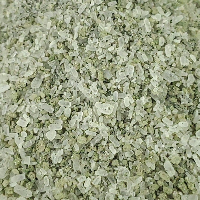 Verdant Waters bath soak texture showing mineral crystals and botanical blend